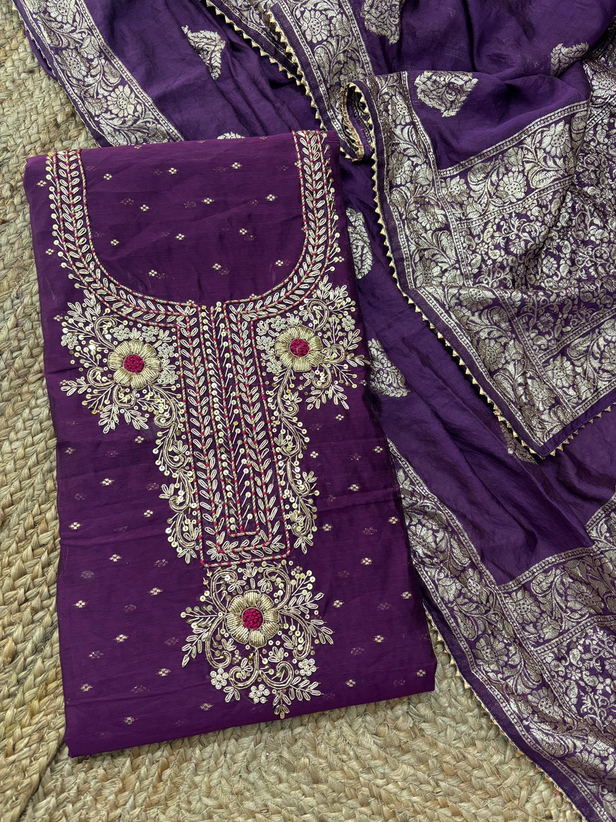 Rich Modal Chanderi With Jacquard Booties Unstitched Suit with Zardogi Work with Dupatta (Copy)