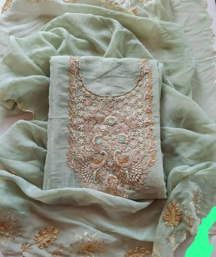 Premium Crush tissue Unstitched Suit Zardogi Work With Gota Patti Duptta