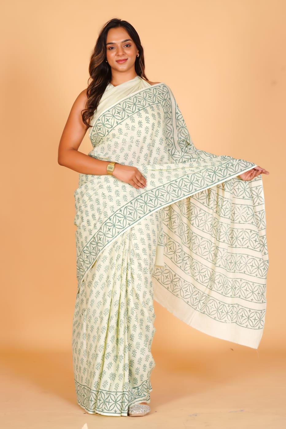 Pure Hand Block Printed Cotton Sarees With Blouse