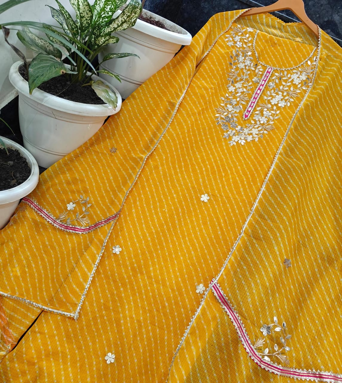Pure Kota Doriya Unstitched Suit With Gota Patti Work
