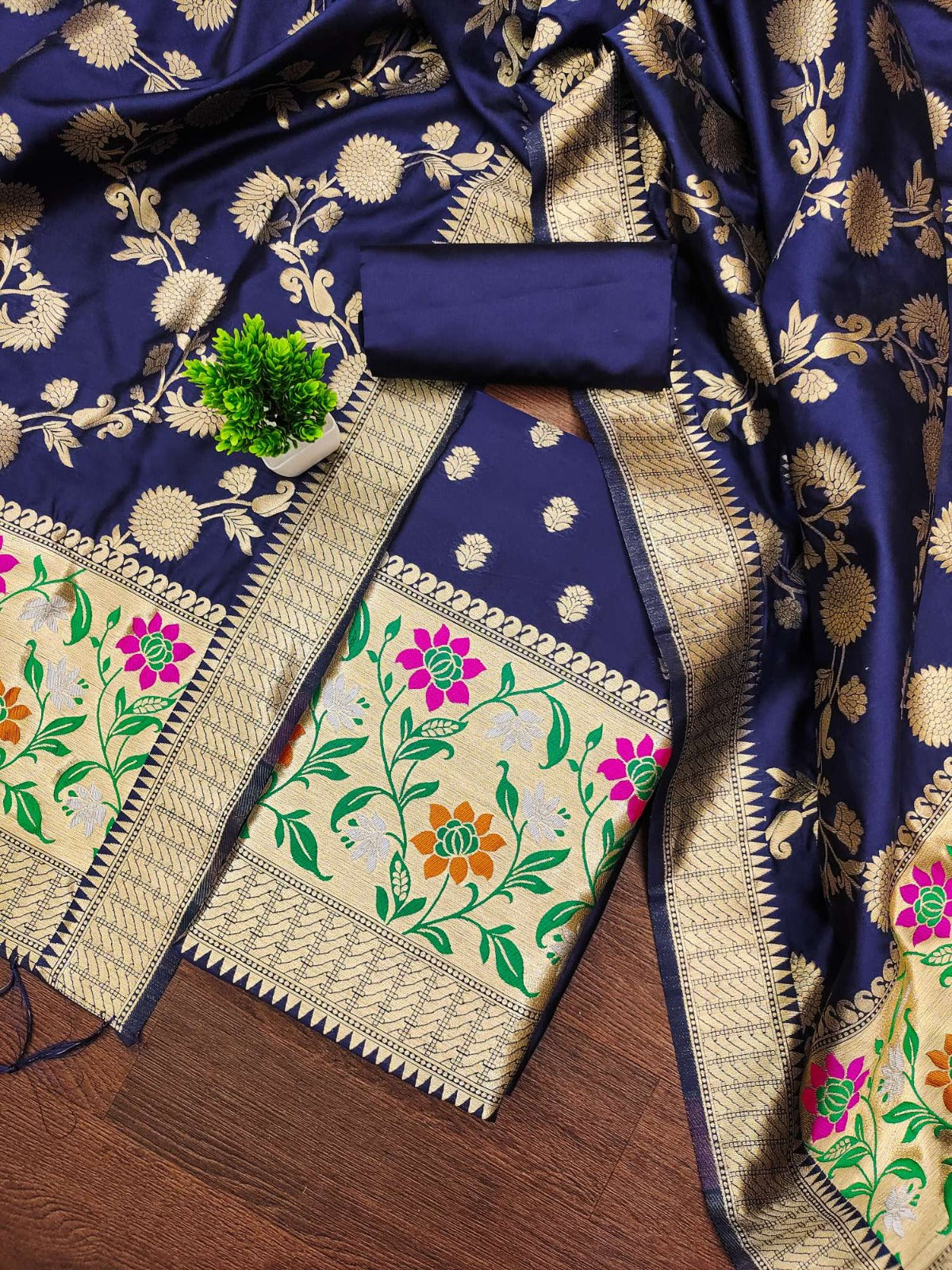 Designer Paithani Woven Unstitched Suit With Bottom