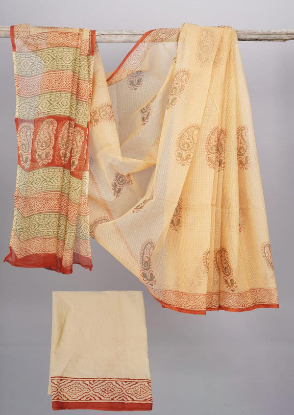 Pure Kota Doriya Jaipuri Hand Block Print saree with Blouse .