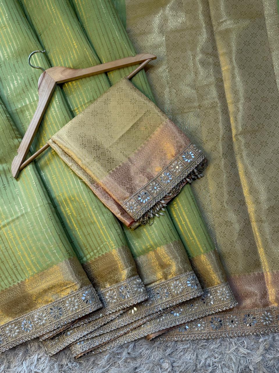 Tissue Silk Saree with Stripe Work and Moti Border
