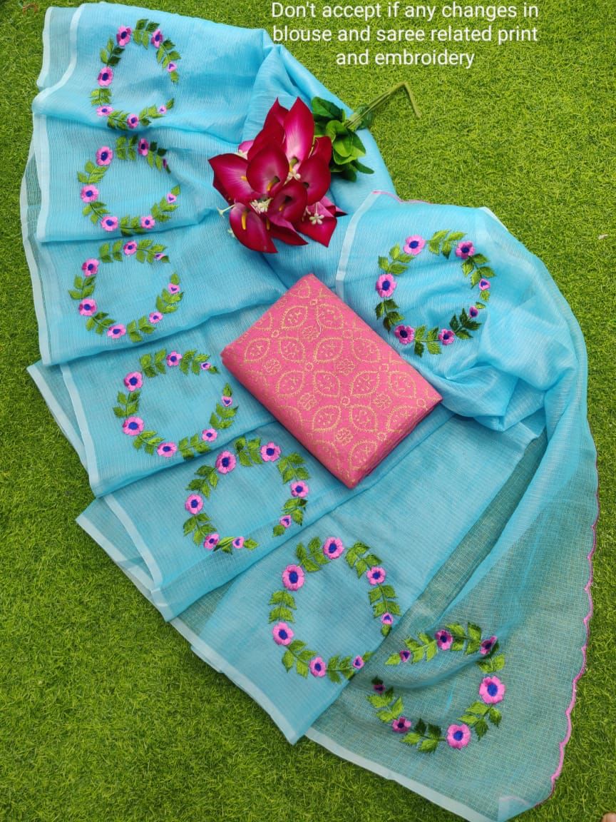 Pure Kota Doriya Cotton Embroidery Work Saree With Blouse