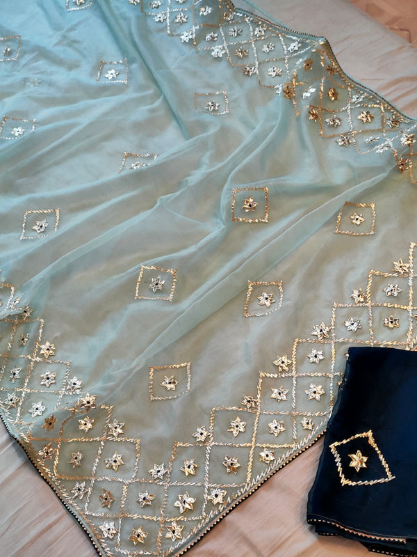 Pure Organza Fabric Saree With Gotta Patti Hand Work With Contrast Blouse