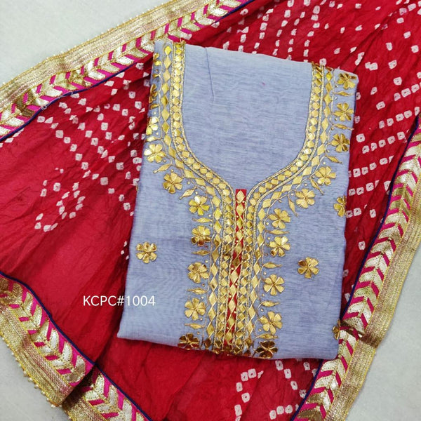 Light Purple Color Chanderi Gota Patti Work Unstitched Suit With Bandhej Gota Patti Work Dupatta
