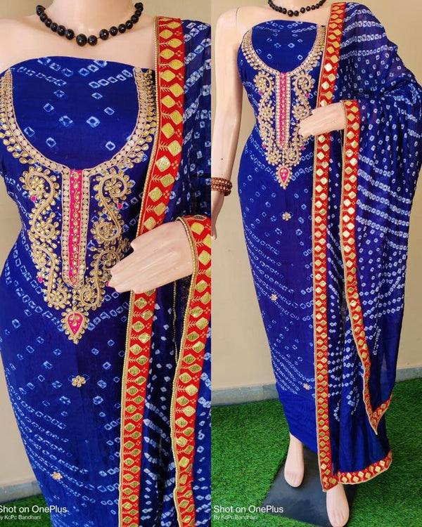 Blue Color Bandhej Gota Patti Work Unstitched Suit With Bandhej Gota Patti Work Dupatta