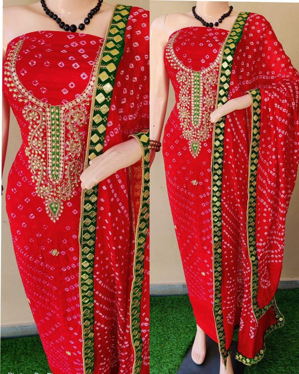 Red Color Bandhej Gota Patti Work Unstitched Suit With Bandhej Gota Patti Work Dupatta