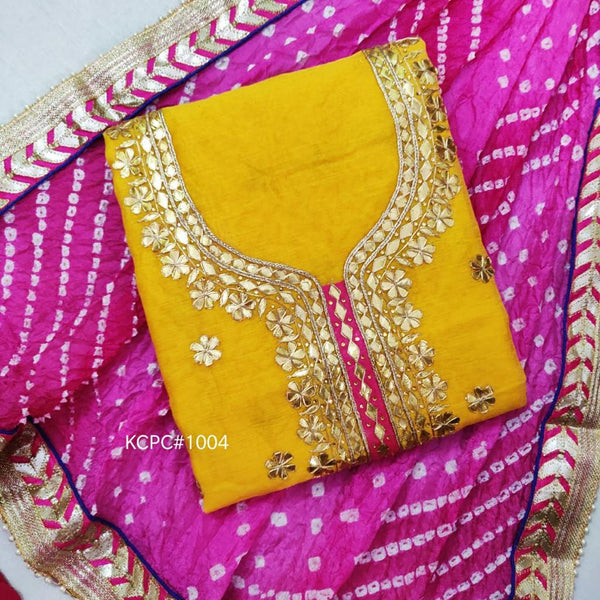 Yellow Color Chanderi Gota Patti Work Unstitched Suit With Bandhej Gota Patti Work Dupatta
