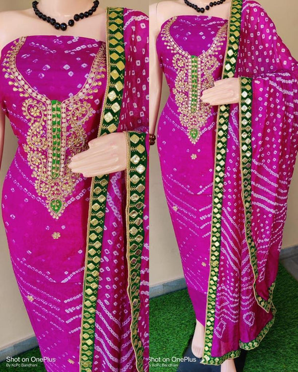 Pink Color Bandhej Gota Patti Work Unstitched Suit With Bandhej Gota Patti Work Dupatta