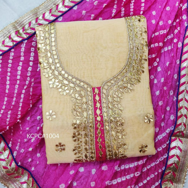 Cream Color Chanderi Gota Patti Work Unstitched Suit With Bandhej Gota Patti Work Dupatta