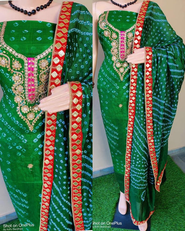 Green Color Bandhej Gota Patti Work Unstitched Suit With Bandhej Gota Patti Work Dupatta