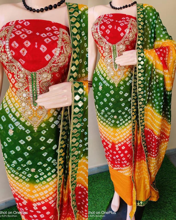 Bandhej Gota Patti Work Unstitched Suit With Bandhej Gota Patti Work Dupatta