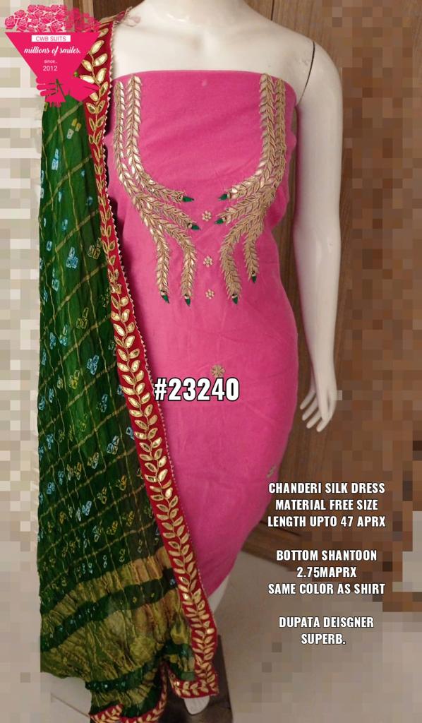 Pink Color Chanderi Gota Patti Work Unstitched Suit With Bandhej Gota Patti Work Dupatta