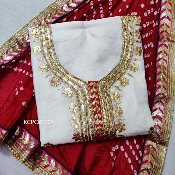 White Color Chanderi Gota Patti Work Unstitched Suit With Bandhej Gota Patti Work Dupatta