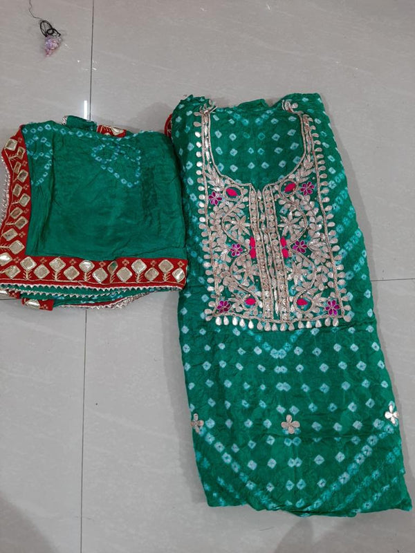 Light Green Color Bandhej Gota Patti Work Unstitched Suit With Bandhej Gota Patti Work Dupatta
