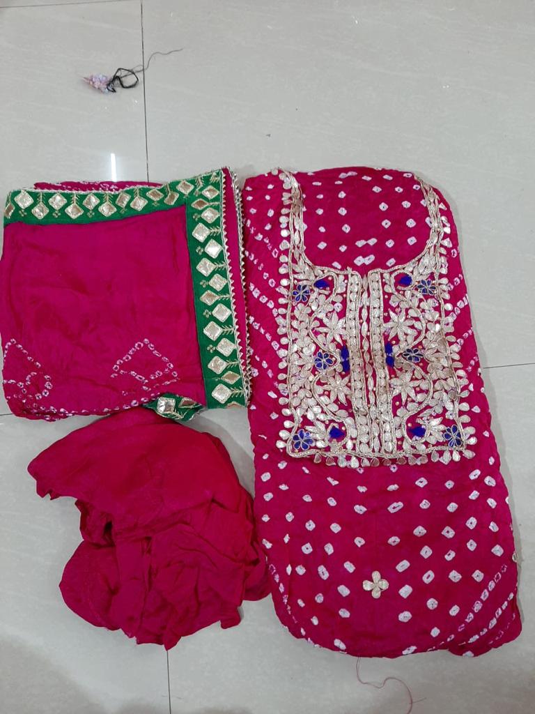 Red Color Bandhej Gota Patti Work Unstitched Suit With Bandhej Gota Patti Work Dupatta