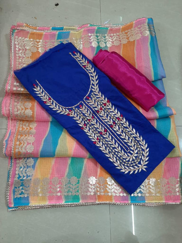 Blue Color Chanderi Gota Patti Work Unstitched Suit With Leheriya Gota Patti Work Dupatta