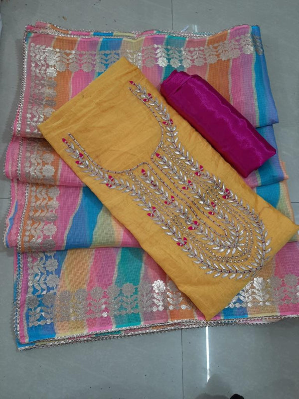Yellow Color Chanderi Gota Patti Work Unstitched Suit With Leheriya Gota Patti Work Dupatta
