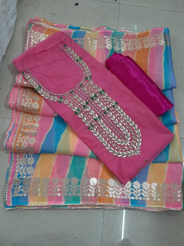 Pink Color Chanderi Gota Patti Work Unstitched Suit With Leheriya Gota Patti Work Dupatta