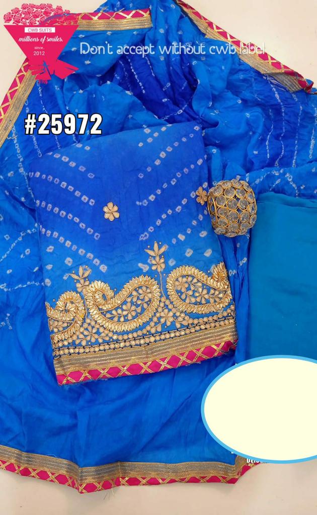 Blue Color Bandhej Gota Patti Work Unstitched Suit With Bandhej Gota Patti Work Dupatta