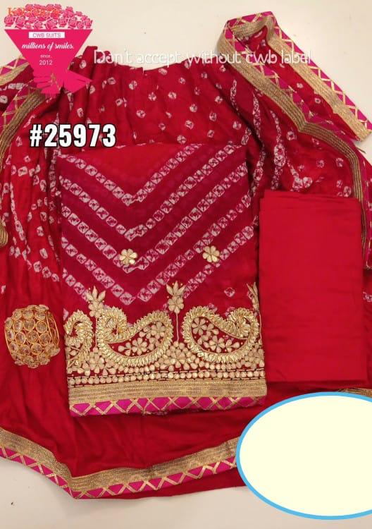 Red  Color Bandhej Gota Patti Work Unstitched Suit With Bandhej Gota Patti Work Dupatta