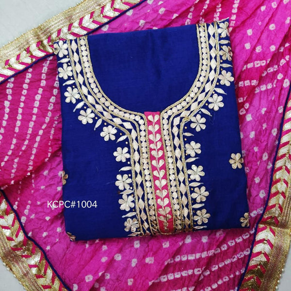 Blue Color Chanderi Gota Patti Work Unstitched Suit With Bandhej Gota Patti Work Dupatta