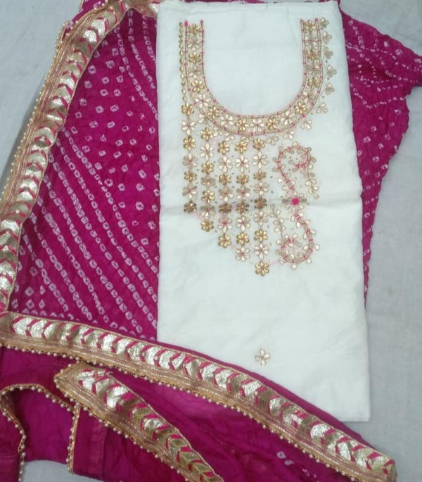 White Color Chanderi Gota Patti Work Unstitched Suit With Bandhej Gota Patti Work Dupatta