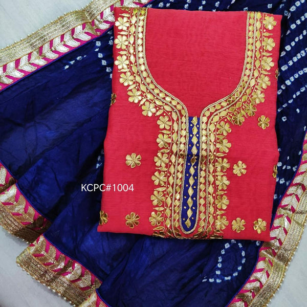 Red Color Chanderi Gota Patti Work Unstitched Suit With Bandhej Gota Patti Work Dupatta