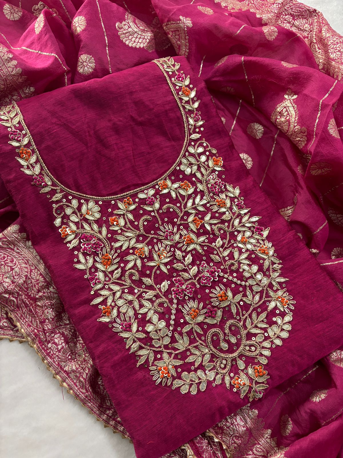 Rich Chanderi Unstitched Suit with Zardogi Work with Dupatta