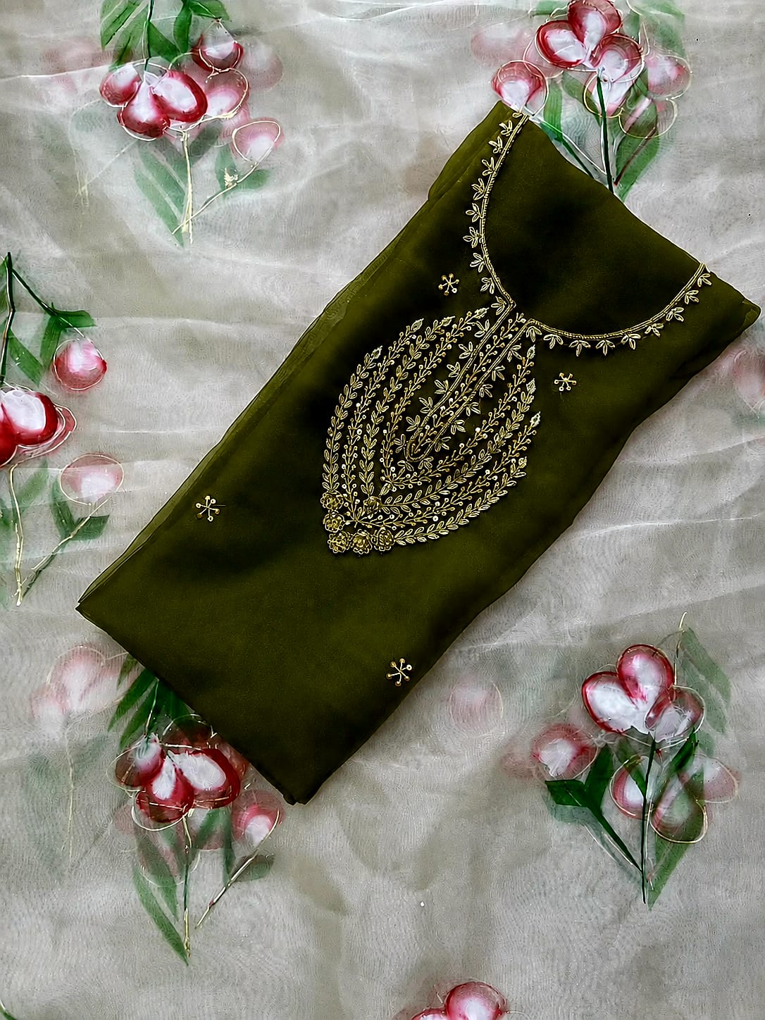 Pure Organza Zardozi Work unstitched Suit With Brush Print Dupatta