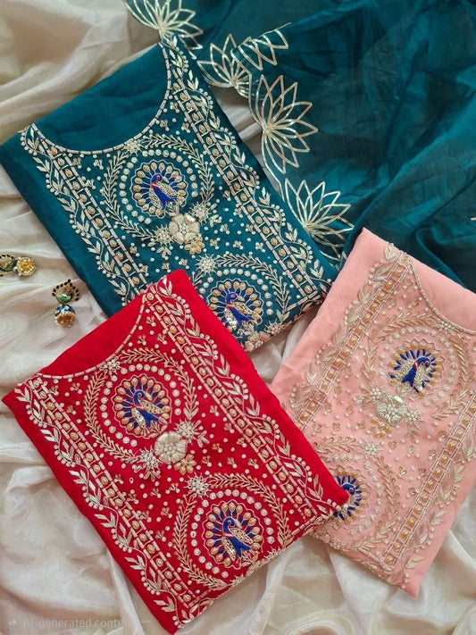 Premium Modal Rajwadi Chanderi Unstitched Suit With Banarsi dupatta