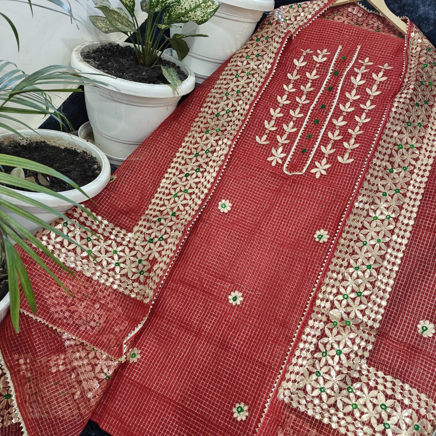 Pure Kota Doriya Gotta Patti Work Unstitched Suit .