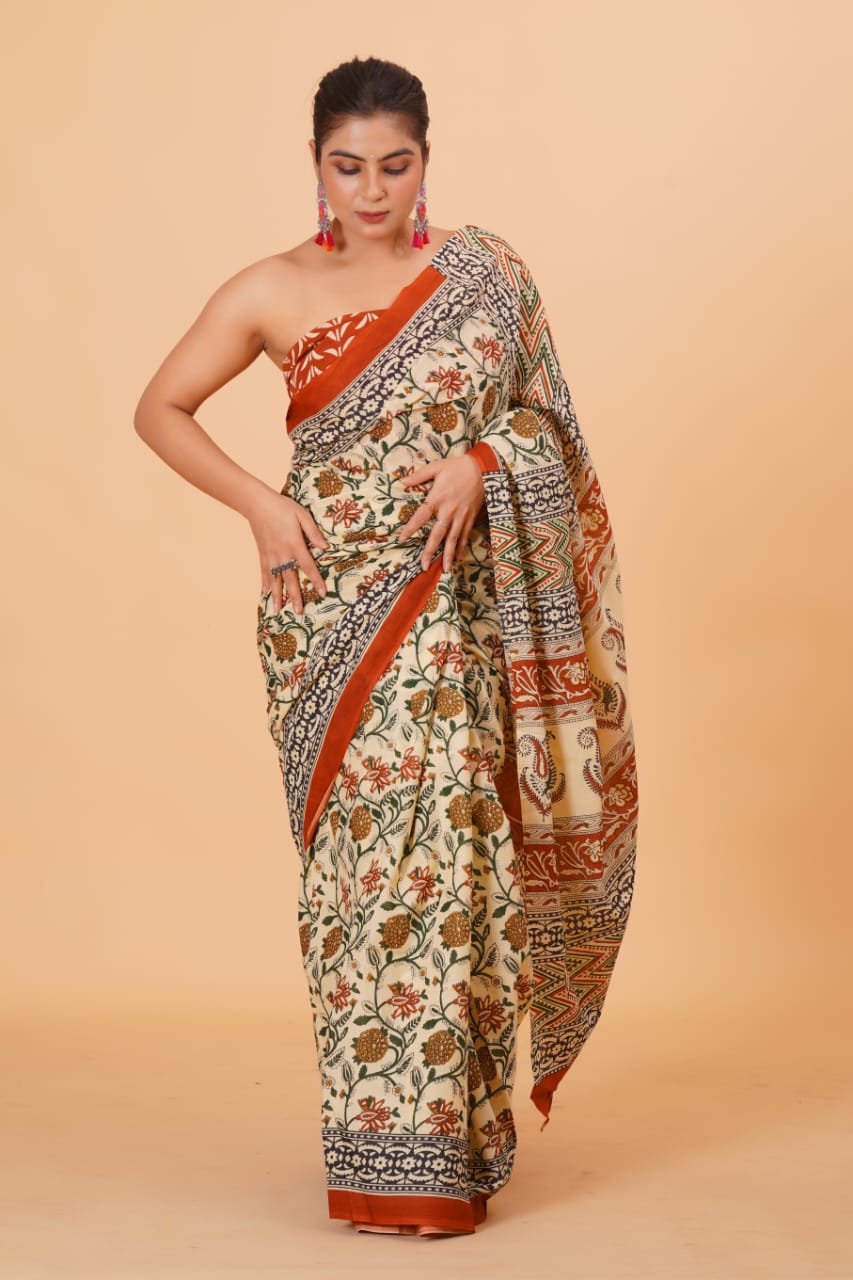 Pure Hand Printed Cotton Sarees With Blouse