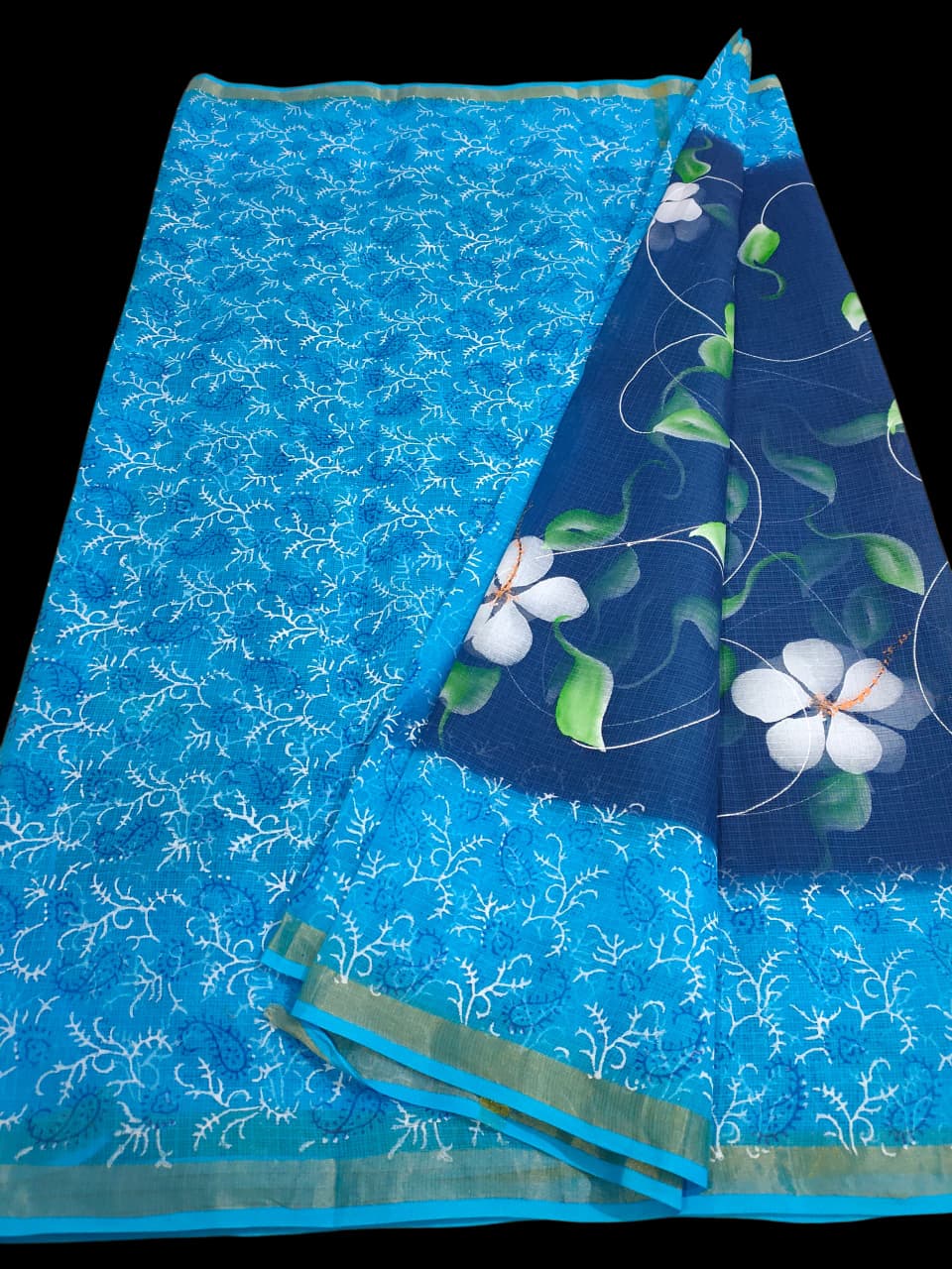 Kota Doria Saree With Hand Bursh Print Work