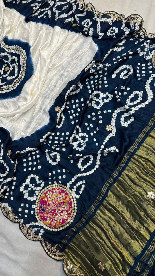 Pure Hand Bandhej Gajji Silk Saree Gota Patti Work With Hand Work Blouse.