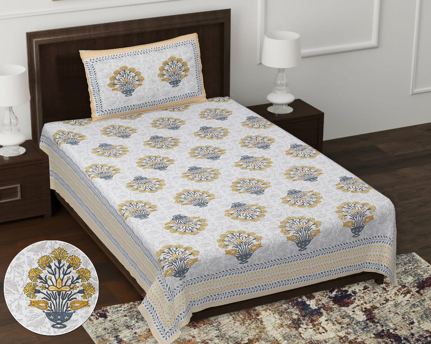 Pure Cotton Digital Print Single Bed Bedsheet With 1 Pillow Cover