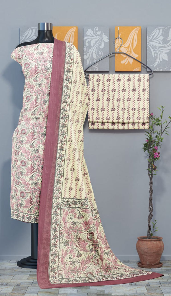 Pure Cotton Hand Block Print Unstitched Suit With Mul Cotton Dupatta.