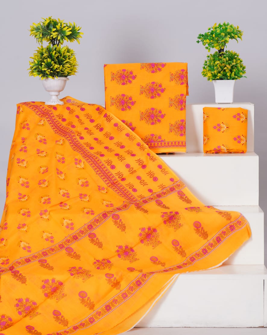 Pure Cotton Jaipuri Hand Block Print Unstitched Suit With Mul Cotton Dupatta.