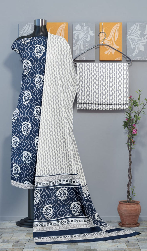 Pure Cotton Hand Block Print Unstitched Suit With Mul Cotton Dupatta.