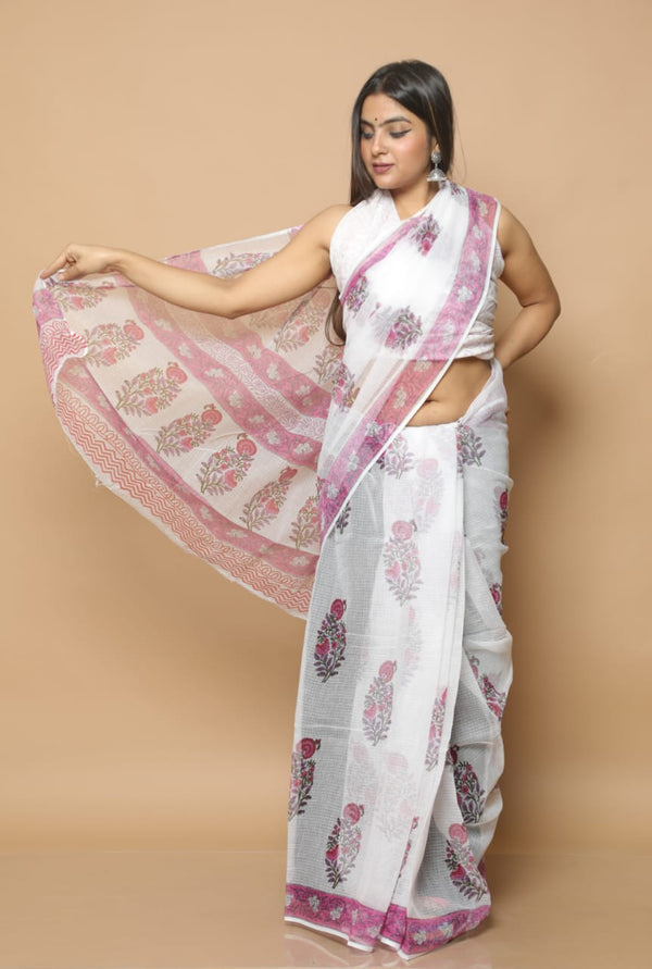 Pure Kota Doriya Jaipuri Hand Block Print saree with Blouse .