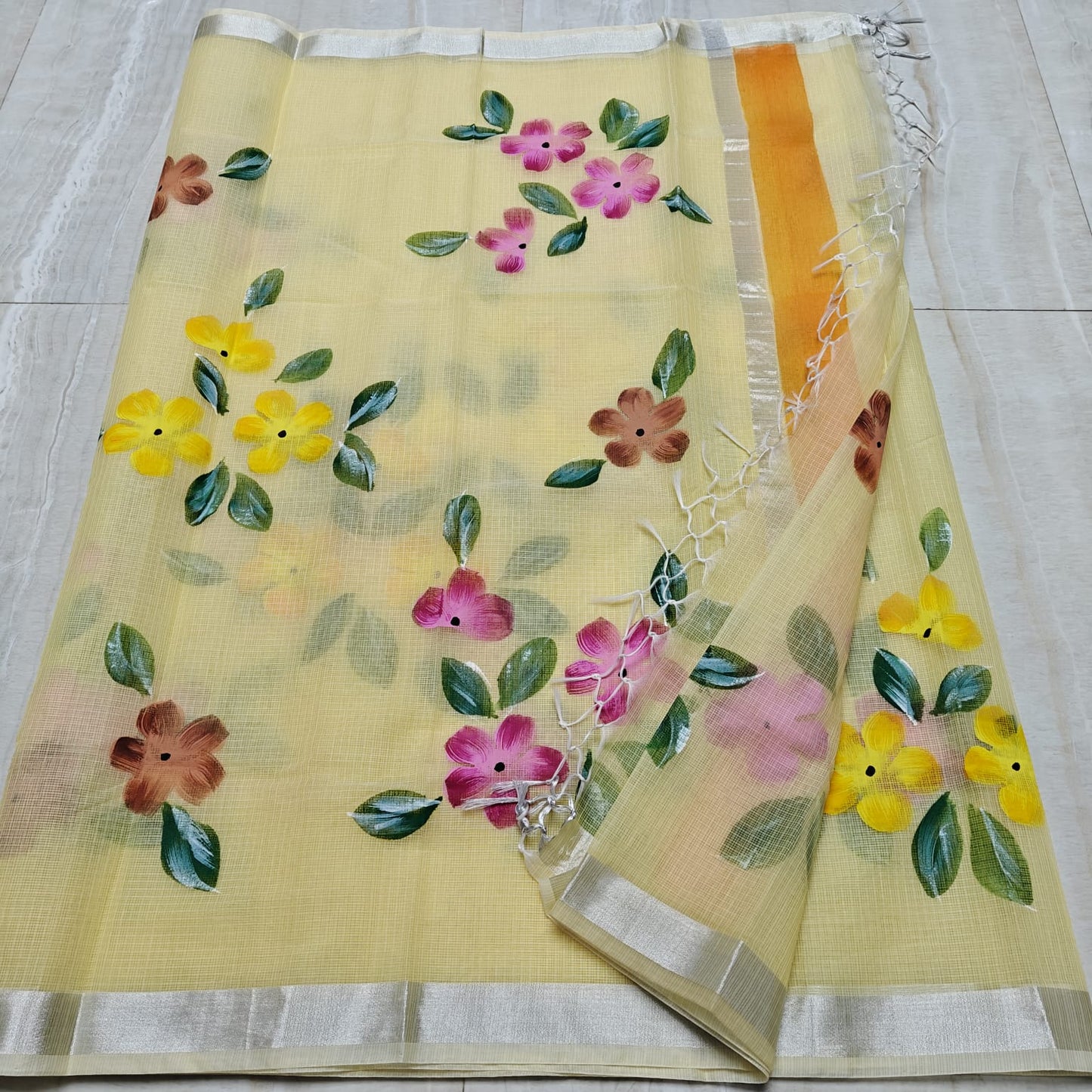 Kota Doria Saree With Hand Bursh Print Work