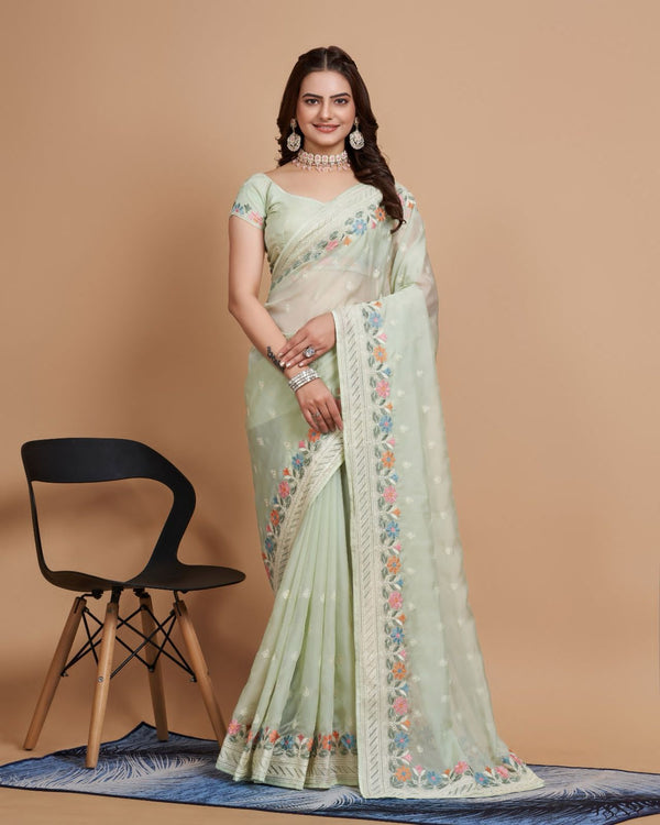Party Wear Soft Taby Silk Organza Saree With C-Pallu All Over Embroidery Work Butti &  Piping Border & Embroidery Work Blouse