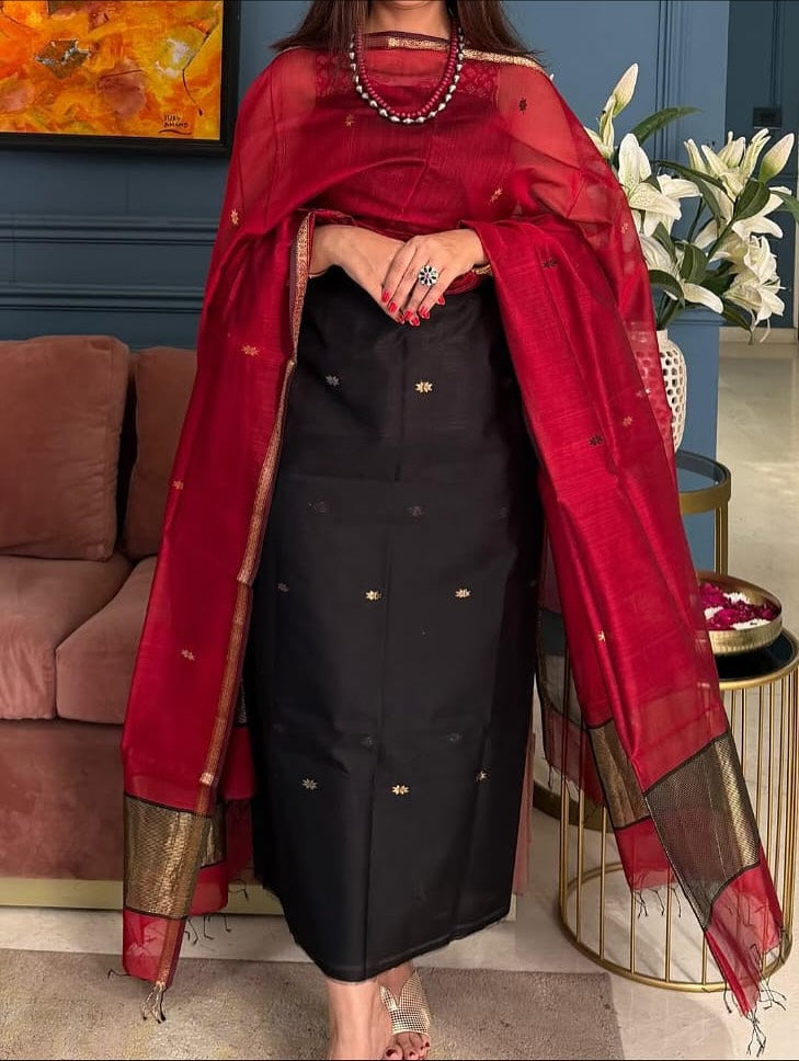 Pure Maheswari Silk Cotton Handwoven Unstitch Suit With Buti