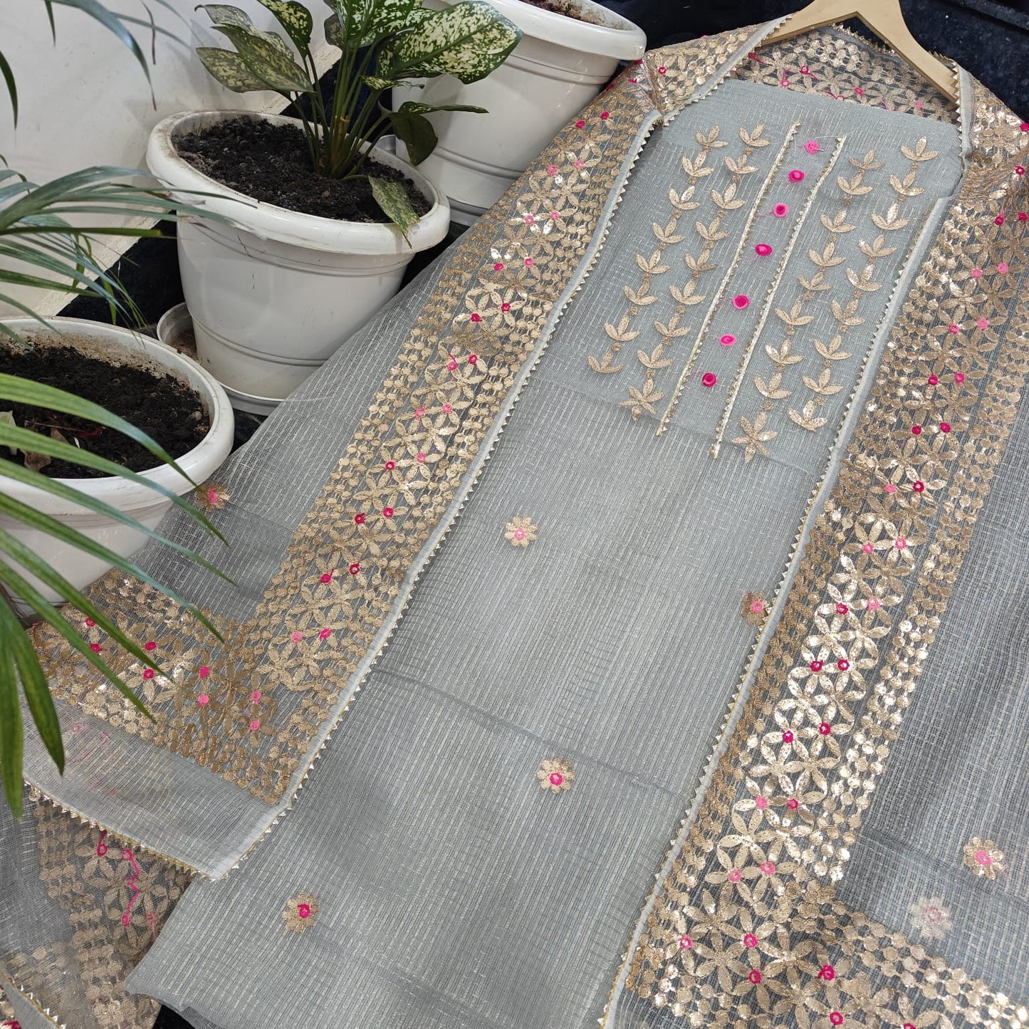 Pure Kota Doriya Gotta Patti Work Unstitched Suit .