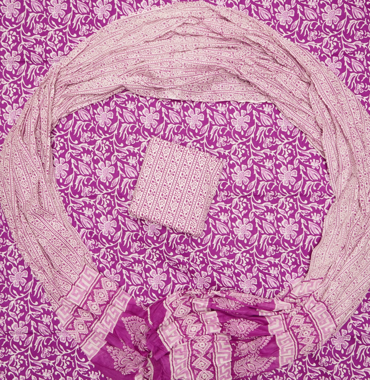 Pure Cotton Hand Block Print Unstitched Suit With Mul Cotton Dupatta.