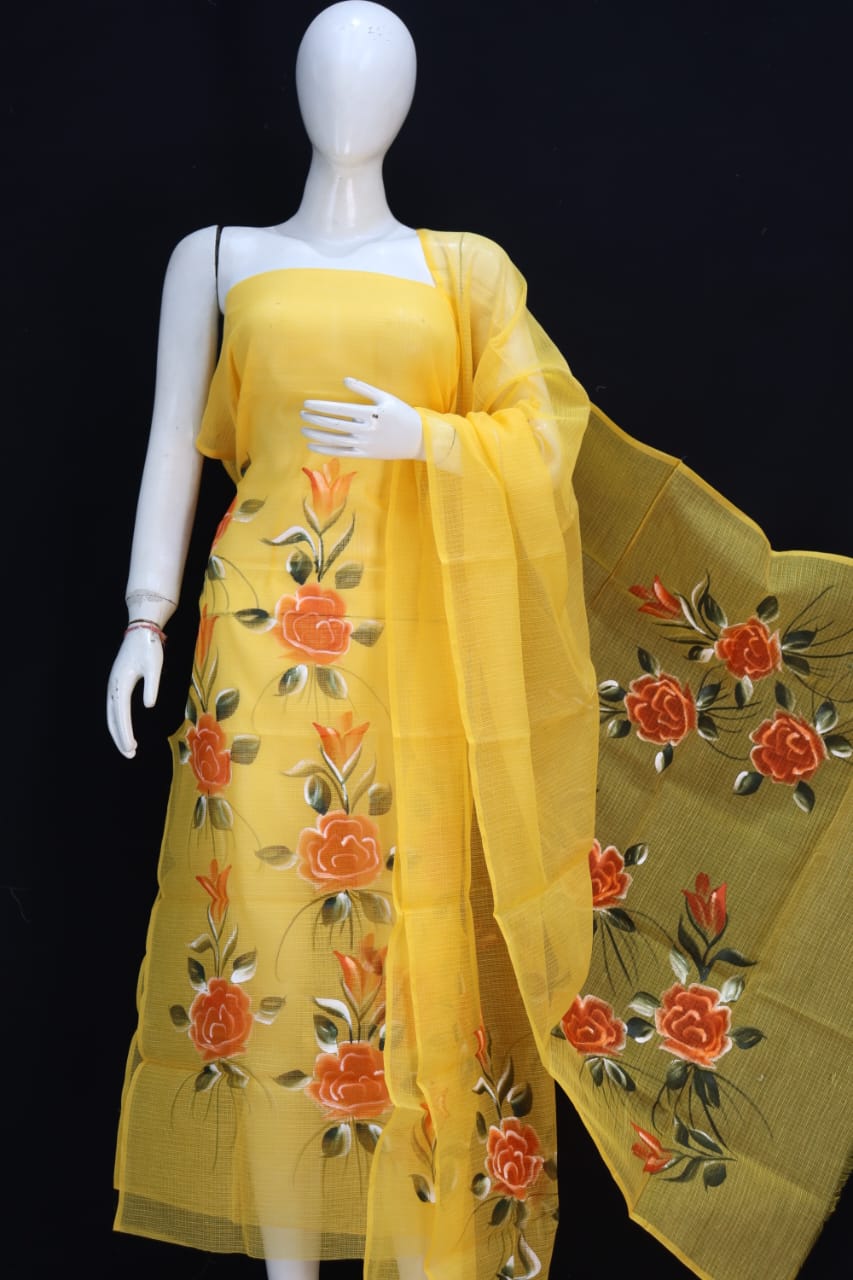 Pure Kota Doriya Suit With Hand Brush Print Unstitched Suit
