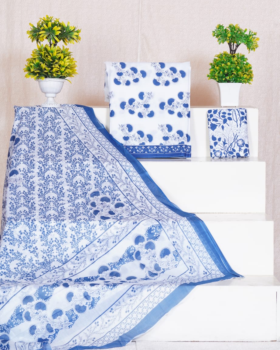 Pure Cotton Jaipuri Hand Block Print Unstitched Suit With Mul Cotton Dupatta.