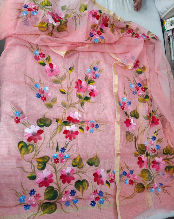 Pure Kota Doriya Hand Brush Print Unstitched Suit With Dupatta & Bottom