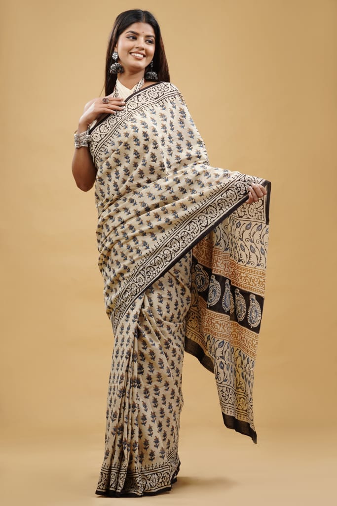 Pure Hand Block Printed Cotton Sarees With Blouse